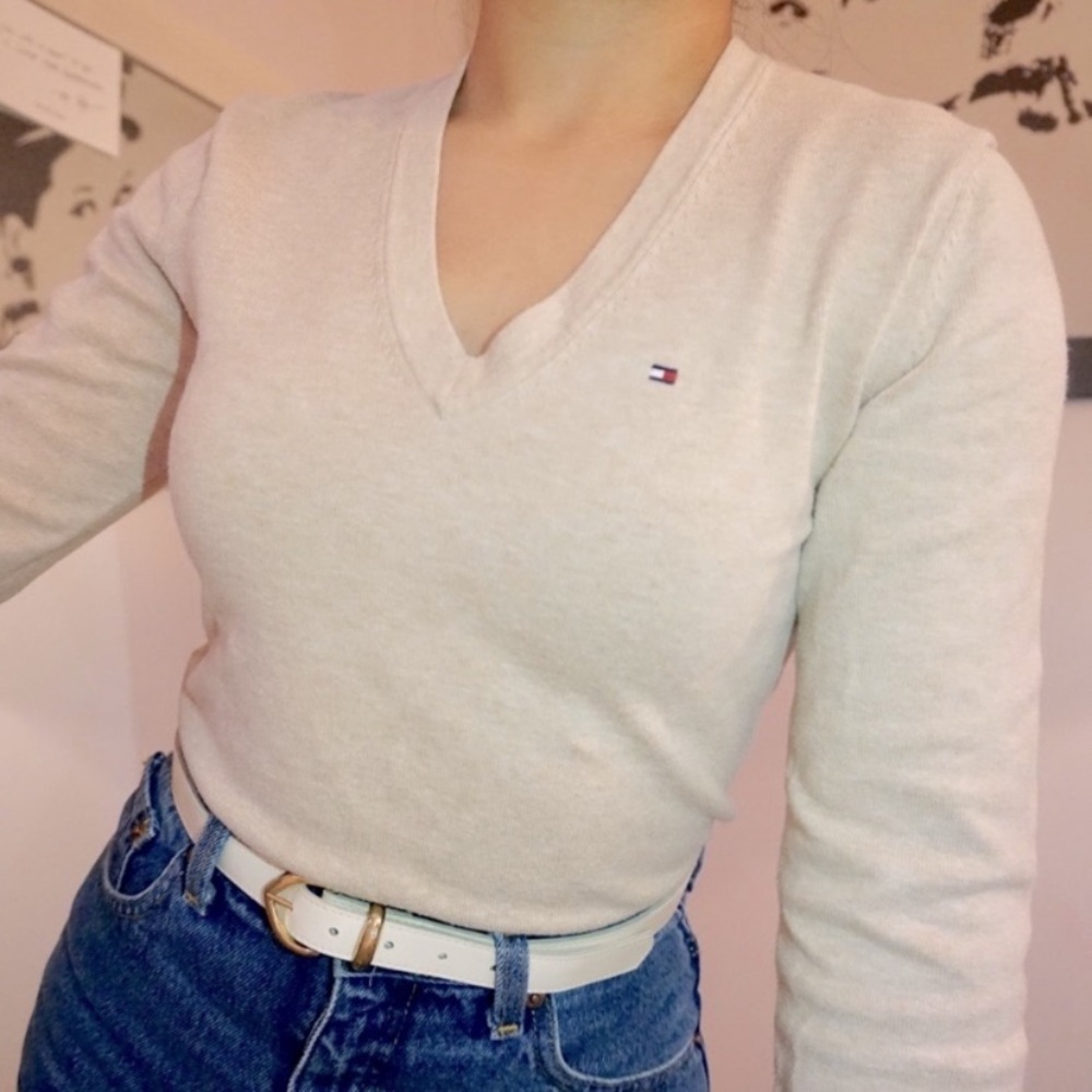 Tommy Hilfiger Solid Cotton Blend V-Neck Sweater XS